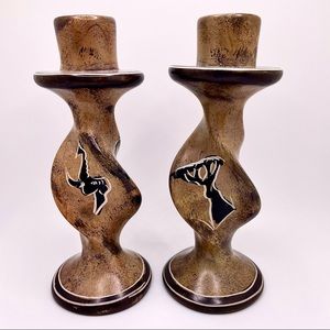Two Twisted Swirling African Soapstone Candleholders -  Elephant & Tree Pattern